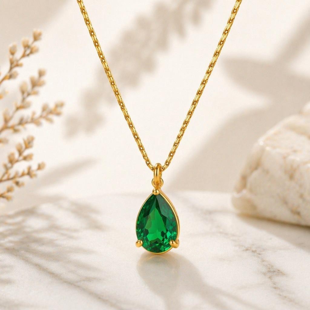18K Gold Plated Stainless Steel Zircon Water Drop Pendant Necklace for Women