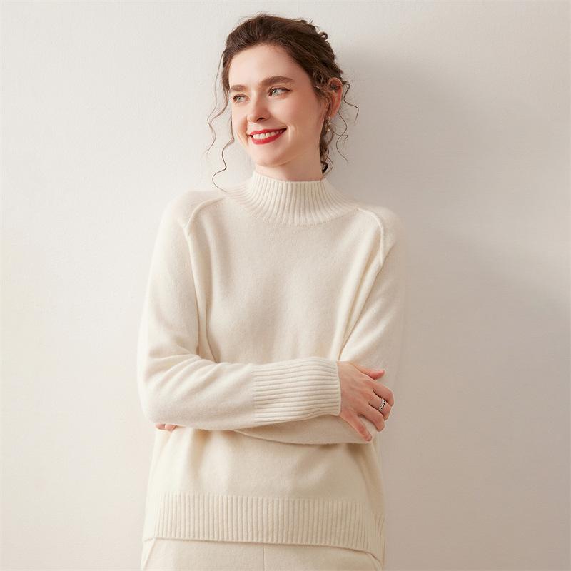 Women's Cashmere Knit Sweater - Solid Color, Half-High Collar, Loose Slimming Fit, Thick Drop Shoulder Sleeves for Autumn/Winter