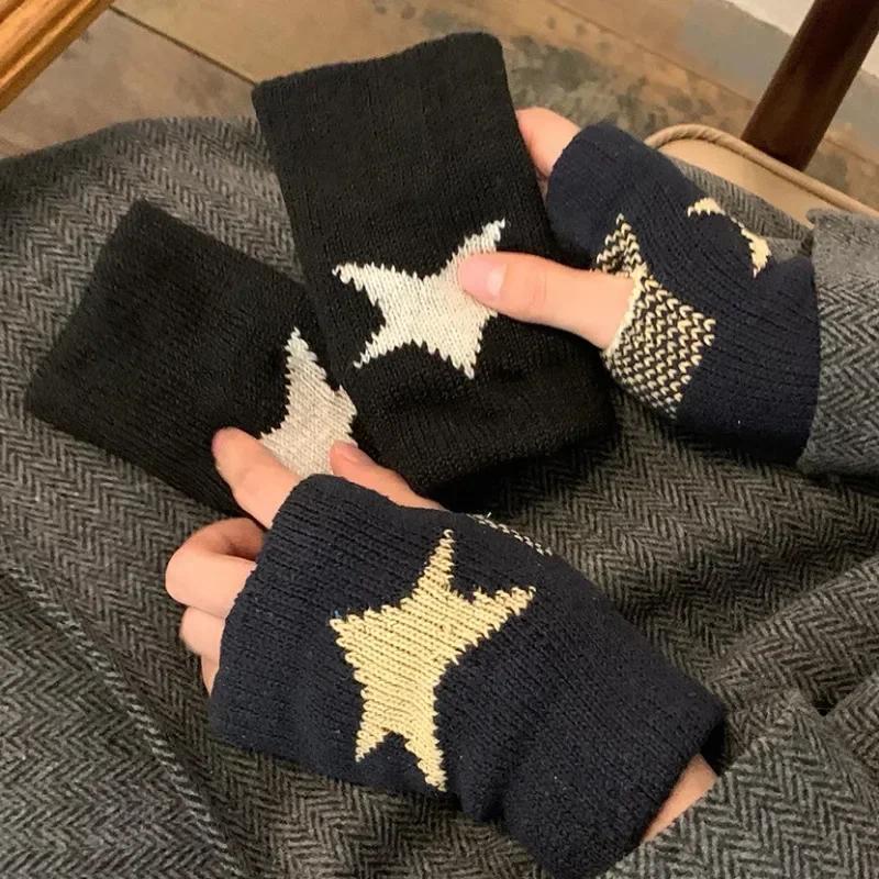 1/2 Pairs Y2K Knitted Half Finger Star Gloves Autumn Winter Warm Women Mittens Five Pointed Star Fingerless Gloves Fashion Soft