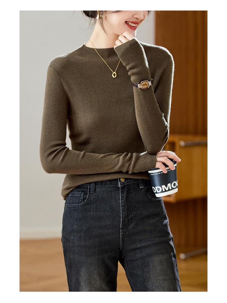 Women's Cotton Cocoon Half-High Collar Knitwear - Slim Fit Solid Color Base Layer Top (Spring/Autumn 2026)