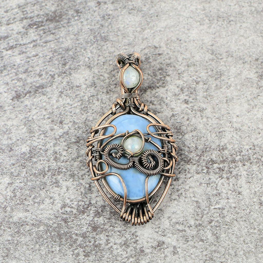 Owyhee Opal & Rainbow Moonstone Pendant, 999 Copper Wire Wrapped Jewelry, Gemstone Pendant, Gift For Her Handmade Dainty Jewelry