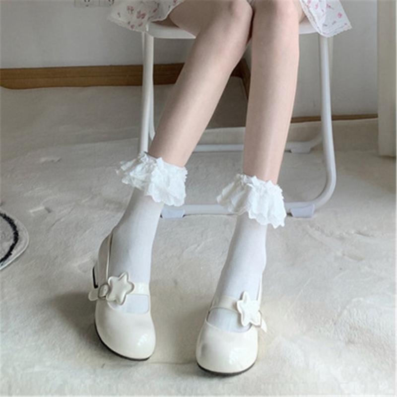 Bas Hauts Style Ballet Doux pour Femmes Bas Hauts Bandes Nœuds Bas Mi-Mollet Chaussettes d'Été Fines Hosierys