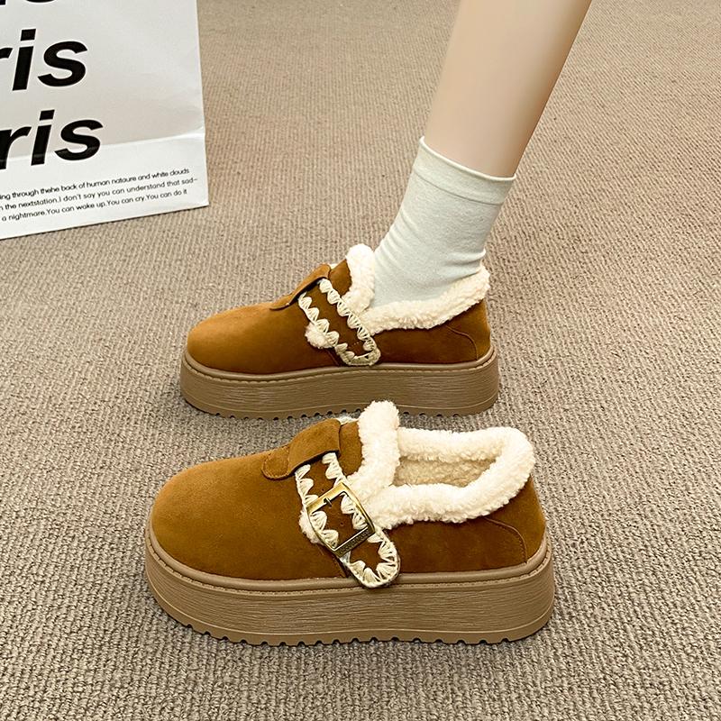 2025 Fashionable Versatile Women's Cotton Shoes Thick Bottom Loafers Winter Warm Fleece Lined Flat Heel round Toe Shoes