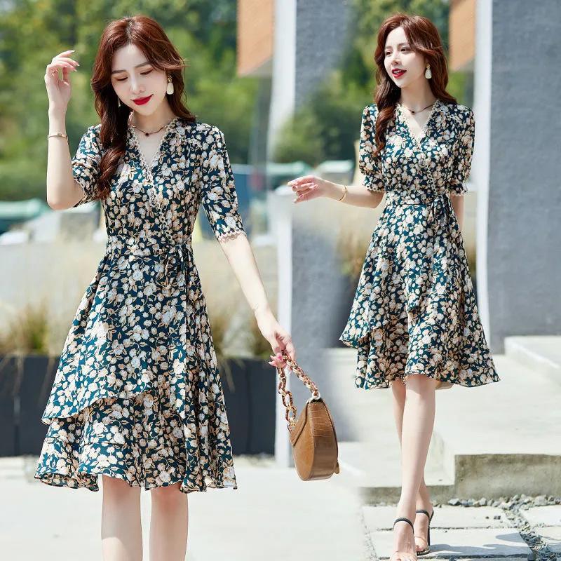 Summer new women's clothing French V-neck floral short-sleeved small slim red skirt chiffon dress