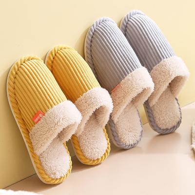 Fashion Couples Striped Corduroy House Slippers Winter Warm Non Slip Indoor Slippers for Women Cozy Soft Plush Home Cotton Shoes Woman