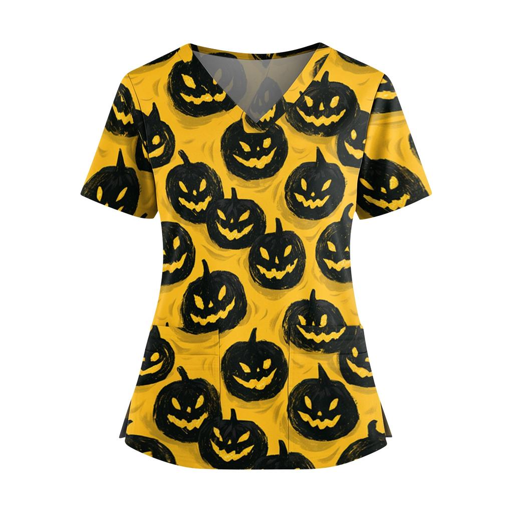Women's V Neck Casual Halloween Print Top for Caregivers Short Sleeve Comfortable Fit Lightweight Fabric Workwear