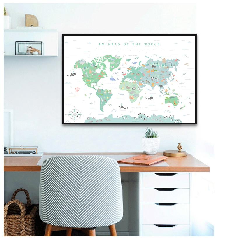 Animal Illustration World Map Wall Art Picture Kindergarten Printing and Painting Education Poster