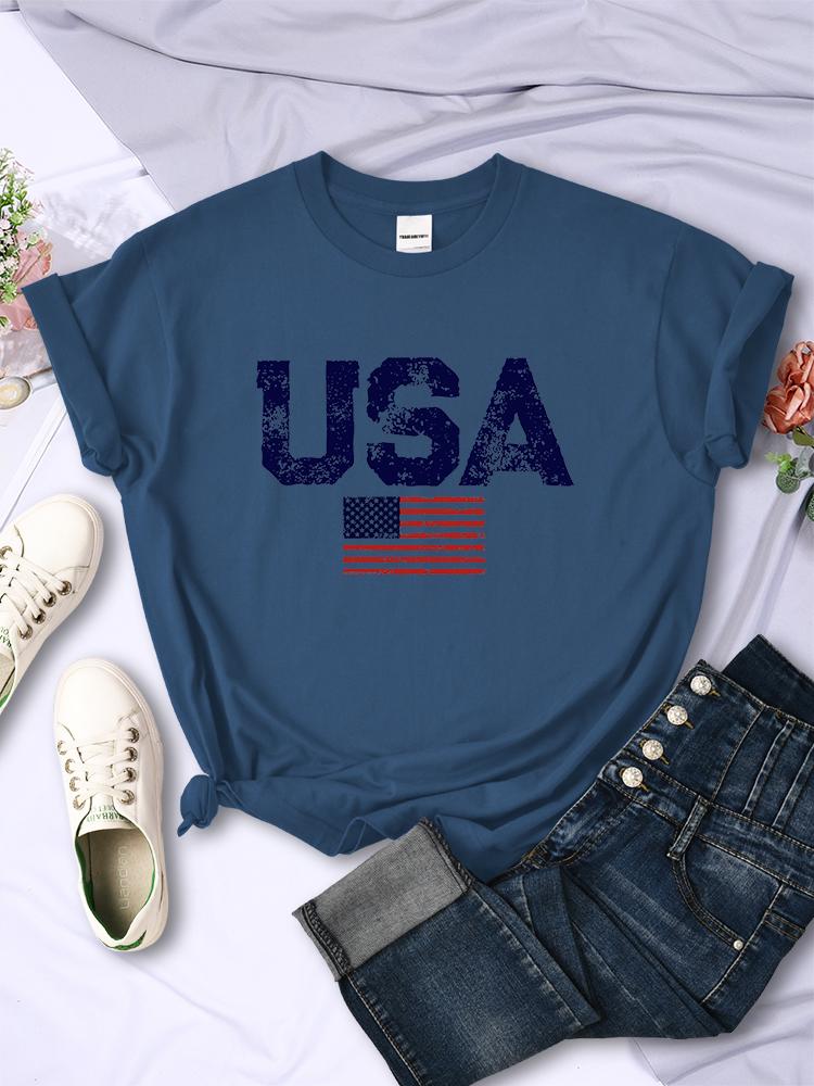 USA Letters American Flag Stars and Stripes Printed Women T-Shirts Street Hip Hop Tee Clothing Summer Breathable Tshirt Female