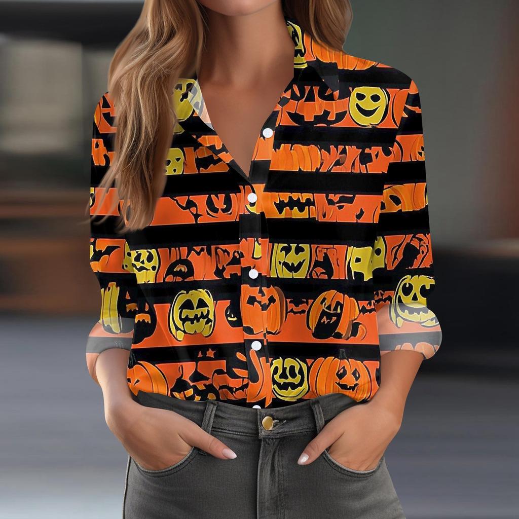 Damen Hemd Bluse Halloween Print Knopf Langarm Lässig Basic Hemdkragen Regulär Top