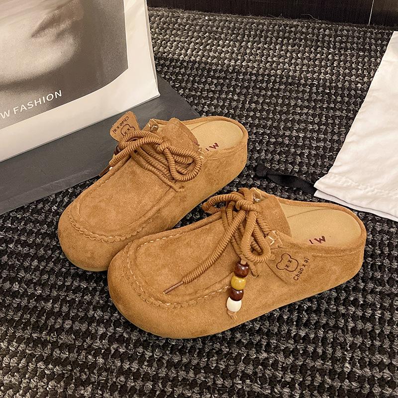 Retro Beaded Bag Head Boken Half Slippers Women's 2025 New One-pedal Thick-soled Literary Mori Versatile Muller Shoes