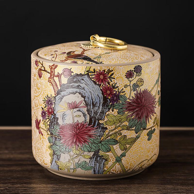 Zhishi Lotus Bird Design Ceramic Sealed Tea Caddy
