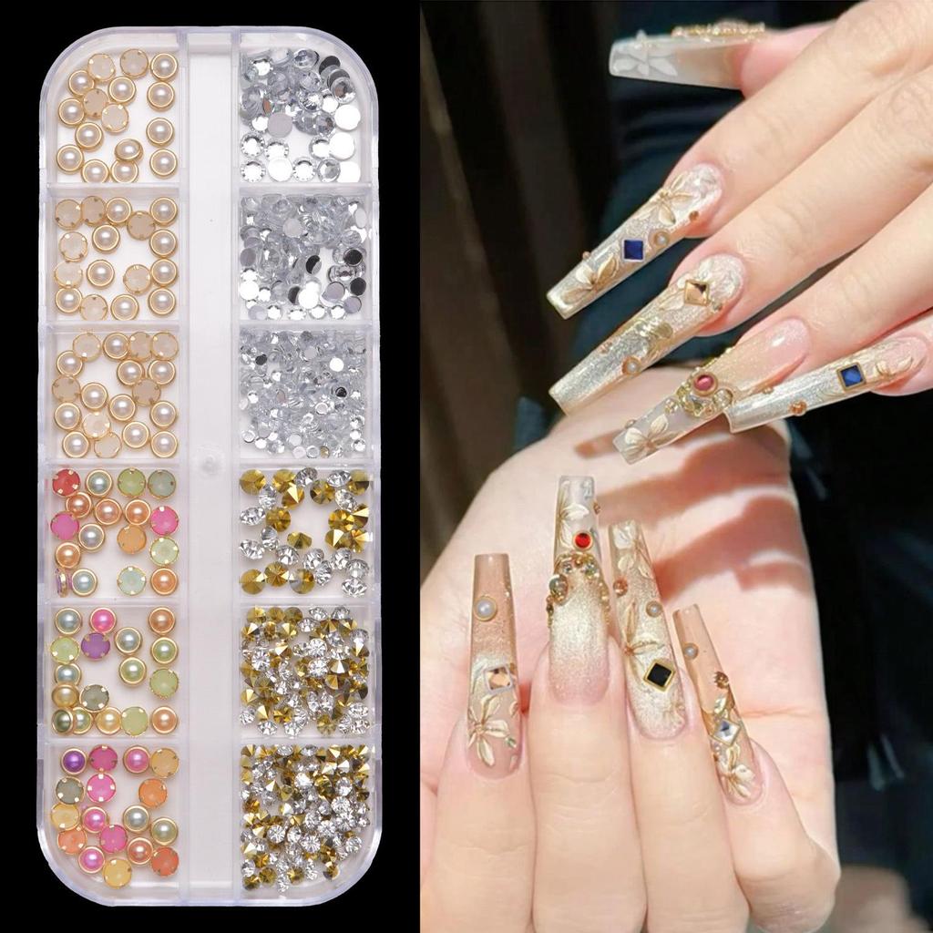 12-Grid Colorful Pearl Nail Art Decorations: Mixed-Size, Full/Half Round, Flat-Back Pearls for DIY.