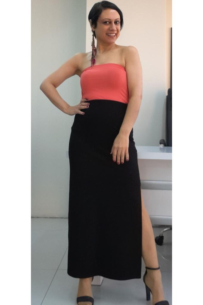 Women's Style Big Size Skirt Black Combed Cotton Viscose Pencil Skirt With Two Side Slits And Elastic Waist