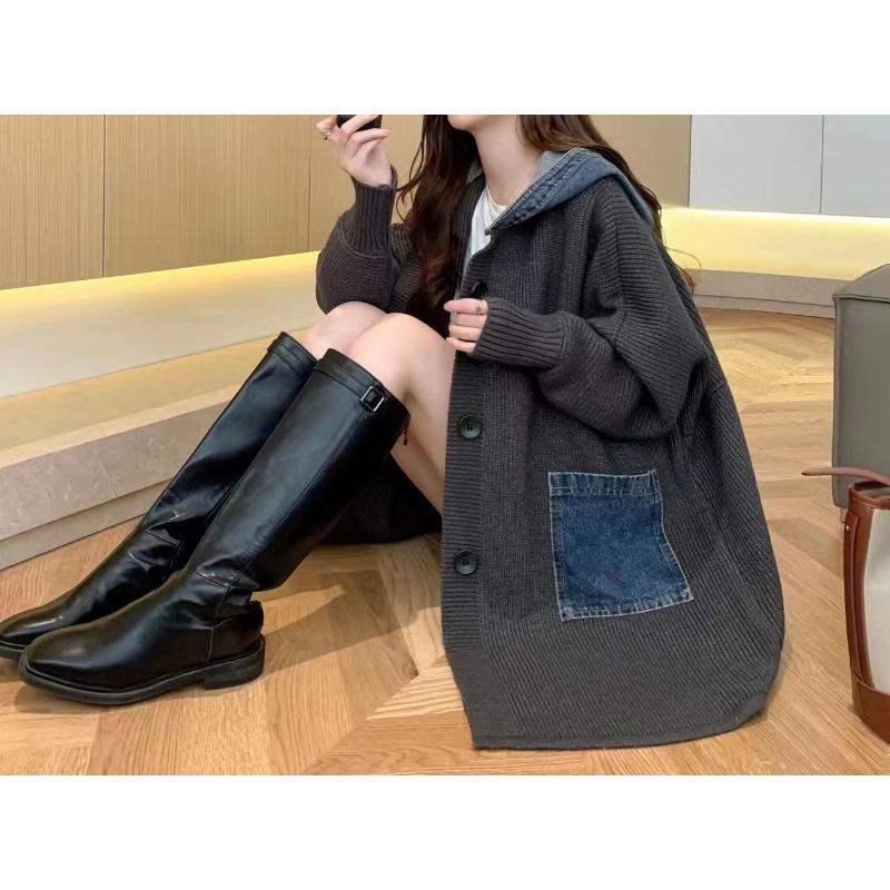 Women S Loose Hooded Long Casual Knit Cardigan Spliced Sweater
