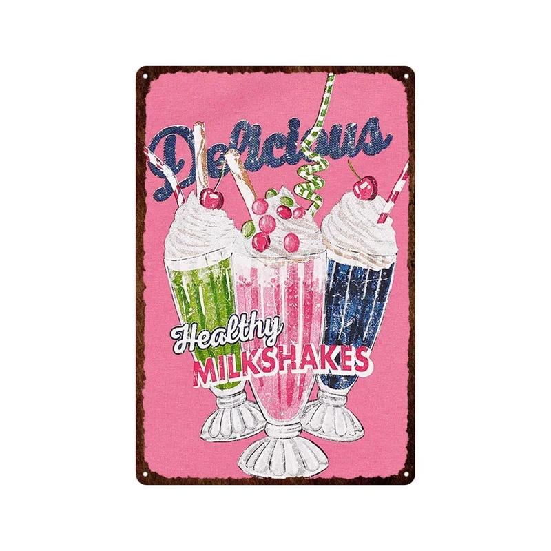 Metal Plate Tasty Cute Ice Cream Sundaes Milk Shake Painting Iron Tin Sign Wall Art Pictures For Kitchen Dessert Shop Home De