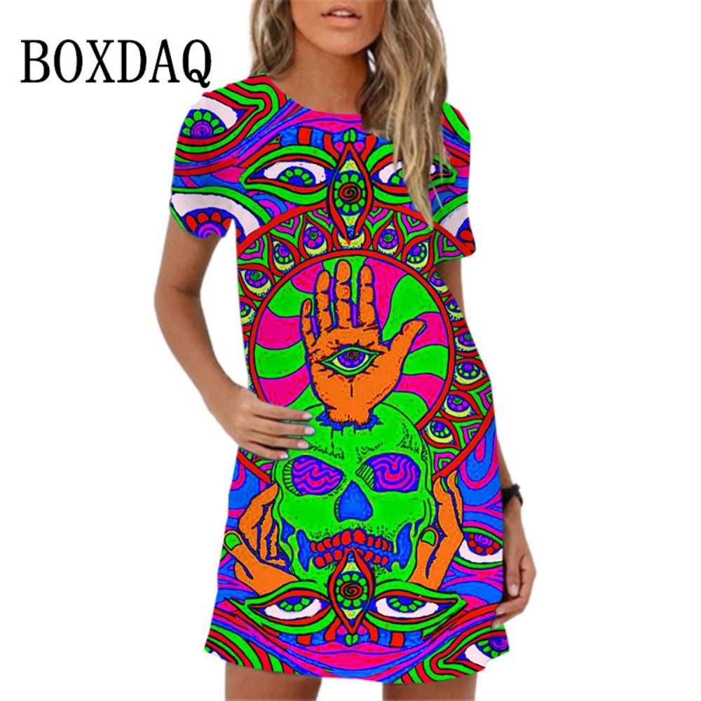 Fashion Owl Print Women Dress Summer Loose Mini Dress 3D Pattern Short Sleeve O-Neck Casual Female Dress