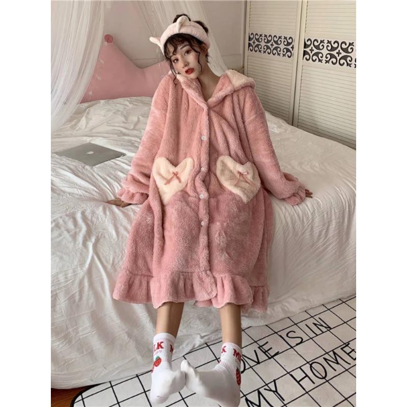 Kawaii Roben-Sets für Damen, schlicht, schick, süß, mit Kapuze, Ins, Taschen, weicher Flanell, gemütlich, dick, neueste Homewear, 2 Brustpartien