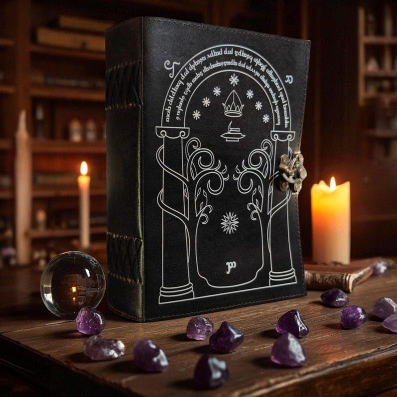 Doors of Durin from Tolkien Lord of the Rings - Handmade Leather Journal Book of Shadow Fantasy Journal Wedding Guest Book Gift for Him/her.