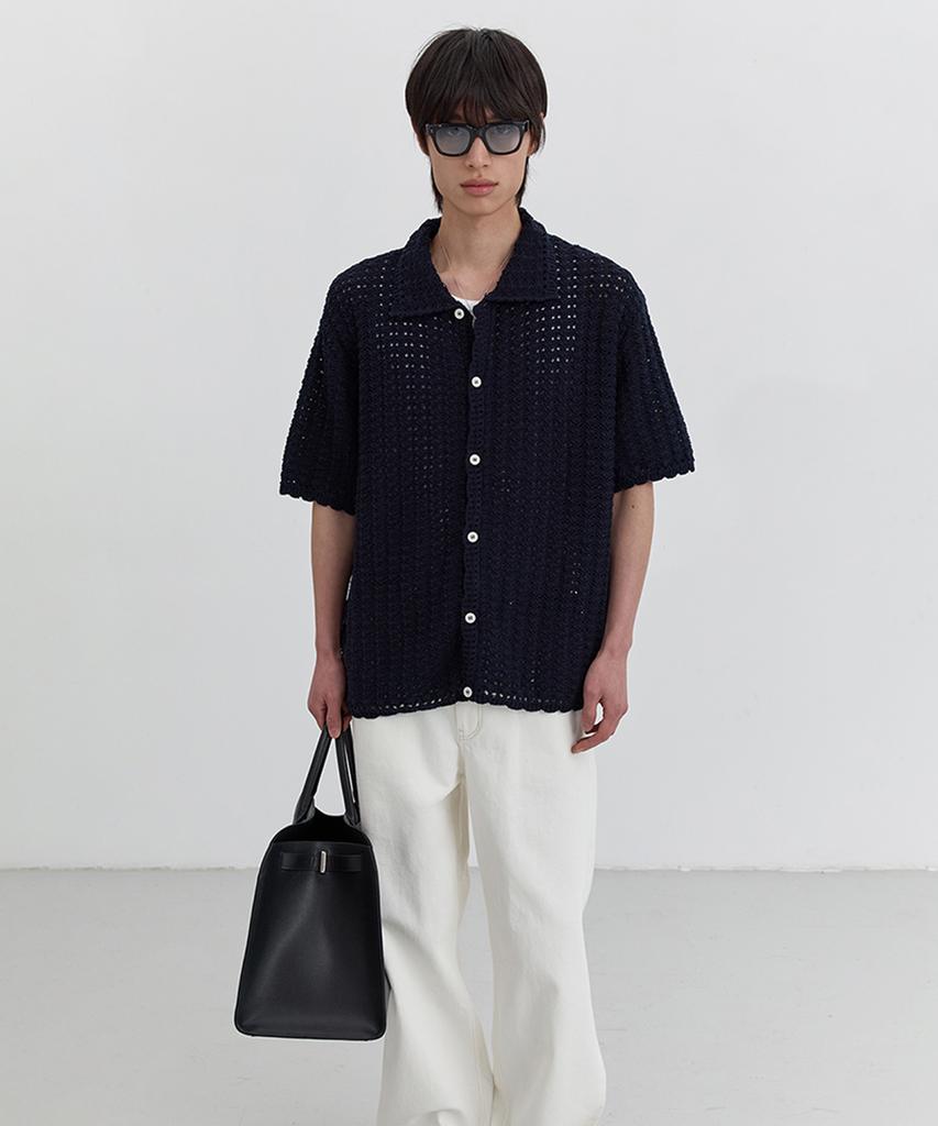 Deonseuteupomaen Open Collar Crochet Cardigan_Unisex_Udsw5B123_French Navy