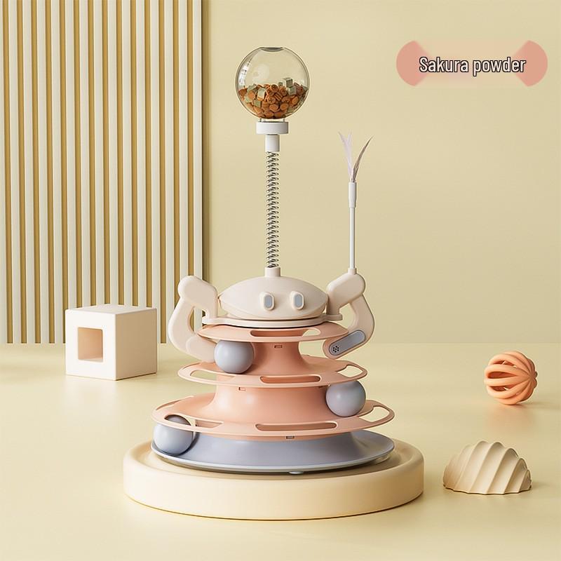 Four-Layer Cat Turntable Toy with Feather Teaser - Interactive Pet Entertainment.