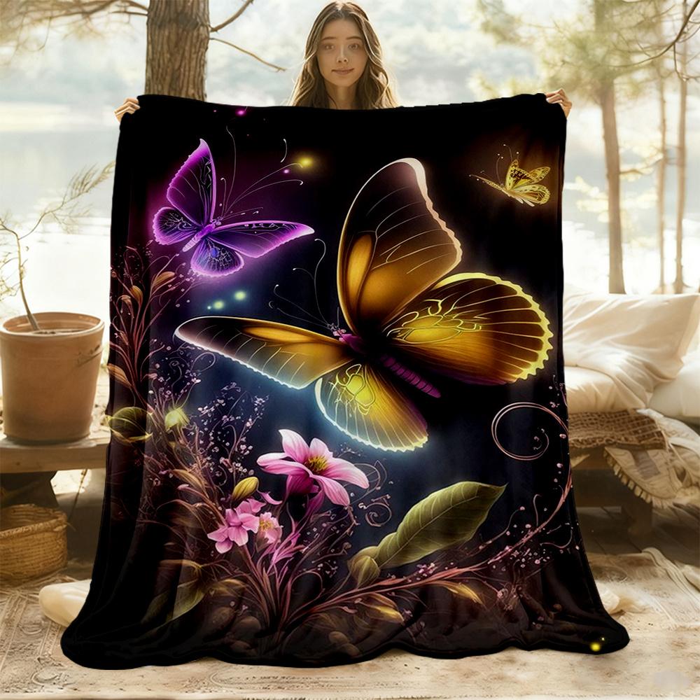 1pc Butterflies Flowers Flannel Blanket, Comfortable and Warm Blanket, for Camping Sofa Bed and Couch Office032