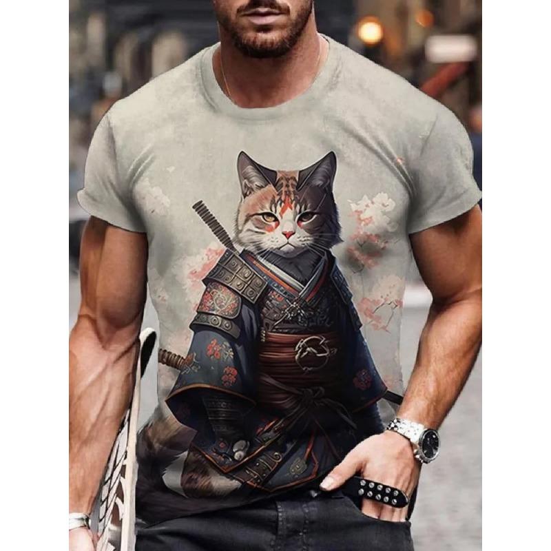 Men's Shirt Style Samurai Cat Graphic 3D Printed Fashion T-Shirt Casual Short Sleeved Tee Ersized Men Clothing Tshirt