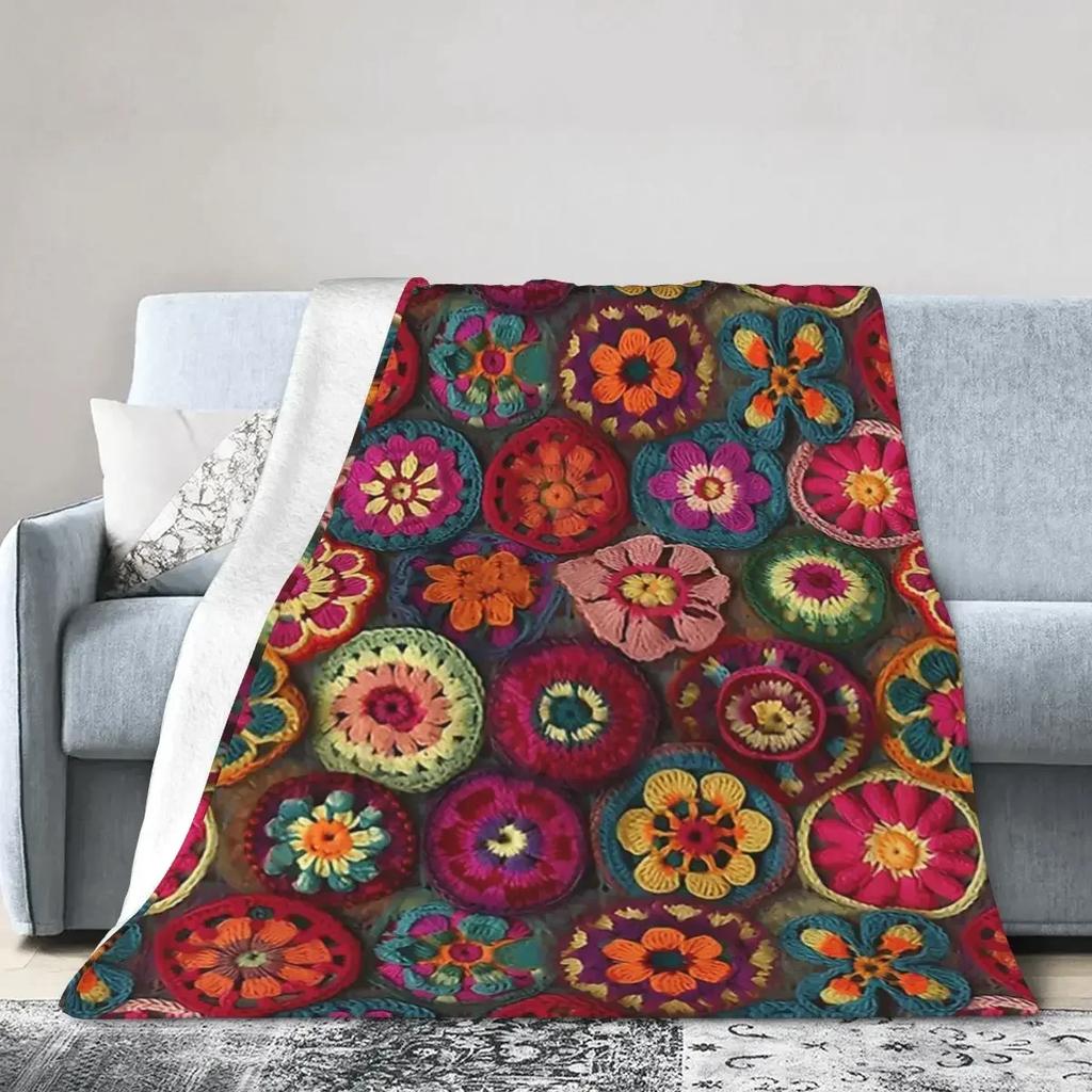 Colourful Crochet Blanket Soft Warm Flannel Throw Blanket Plush for Bed Living Room Picnic Travel Home Couch