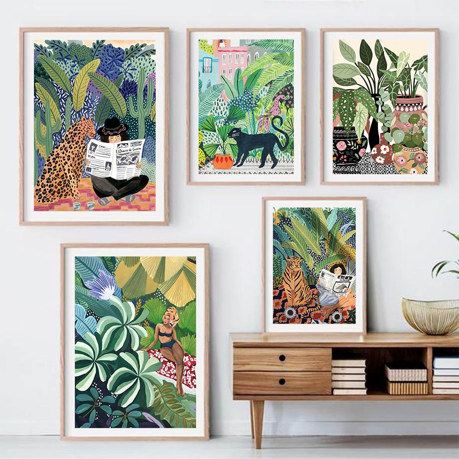 

Кот-тигр девушка в стиле бохо Радуга Солнце картина в горшке настенная художественная печать и плакат настенная картина для гостиной