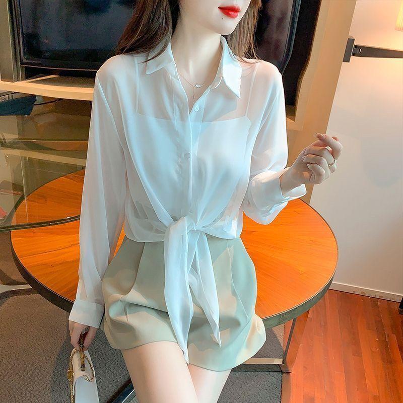Thin Chiffon Shirt Women's Lace Up Cardigan Summer Outfit New Long Sleeve Sun Protection Shirt Top Women