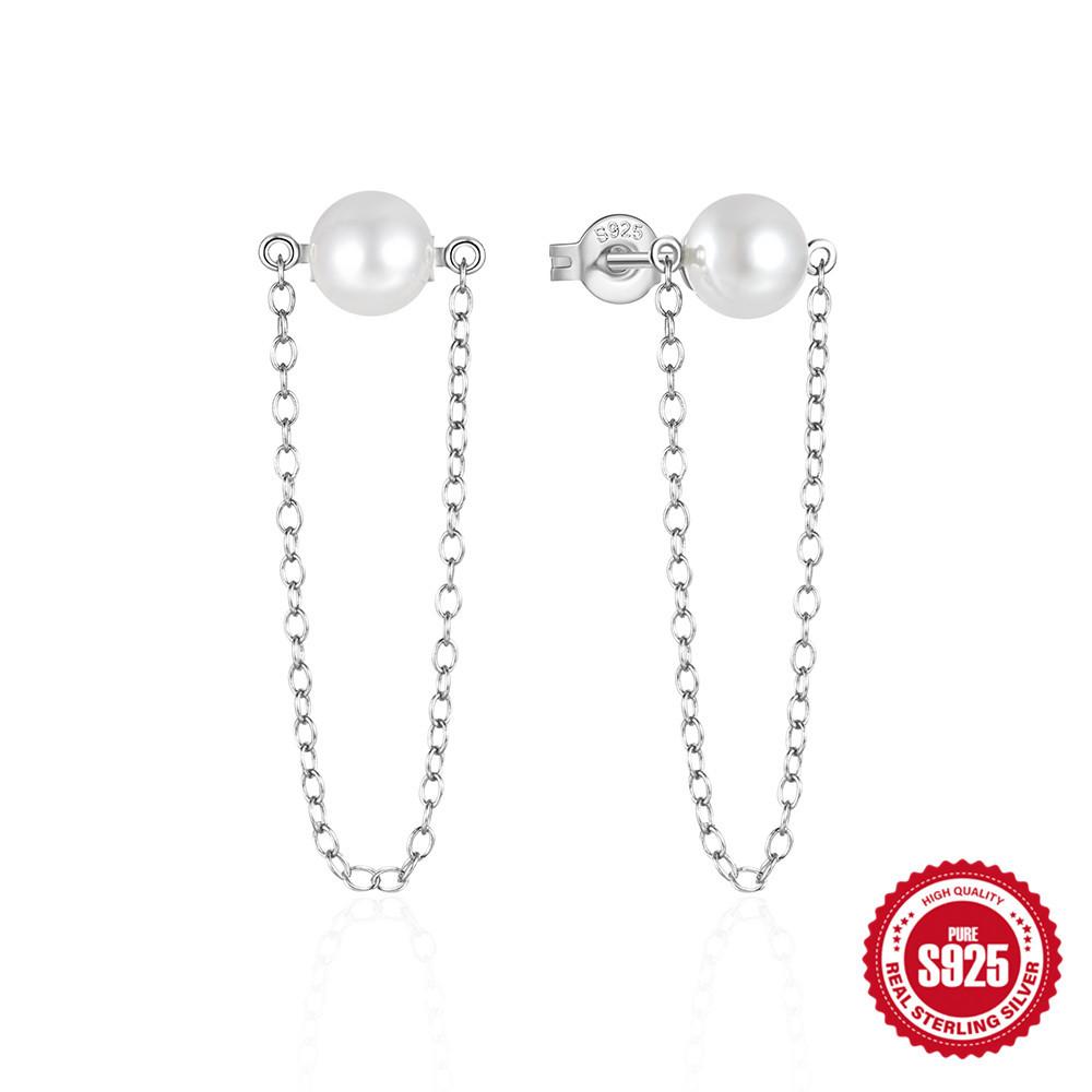 Argent Sterling 925 Tempérament Mode Gland Longue Chaîne Perle Personnalité Boucles d'Oreilles Boucles d'Oreilles Earline Boucles d'Oreilles Boucles d'Oreilles Perles