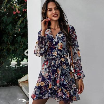Kadın İlkbahar Yaz Mini Elbise A-Line Tam Kollu Dantel Up Yüksek Bel Şifon Çiçek Baskı Siyah Beyaz Lacivert S-XXL