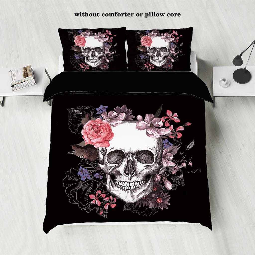 3-piece down duvet cover set with skull flower pattern print (1 duvet cover+2 pillowcases, no core) Halloween themed bedding set