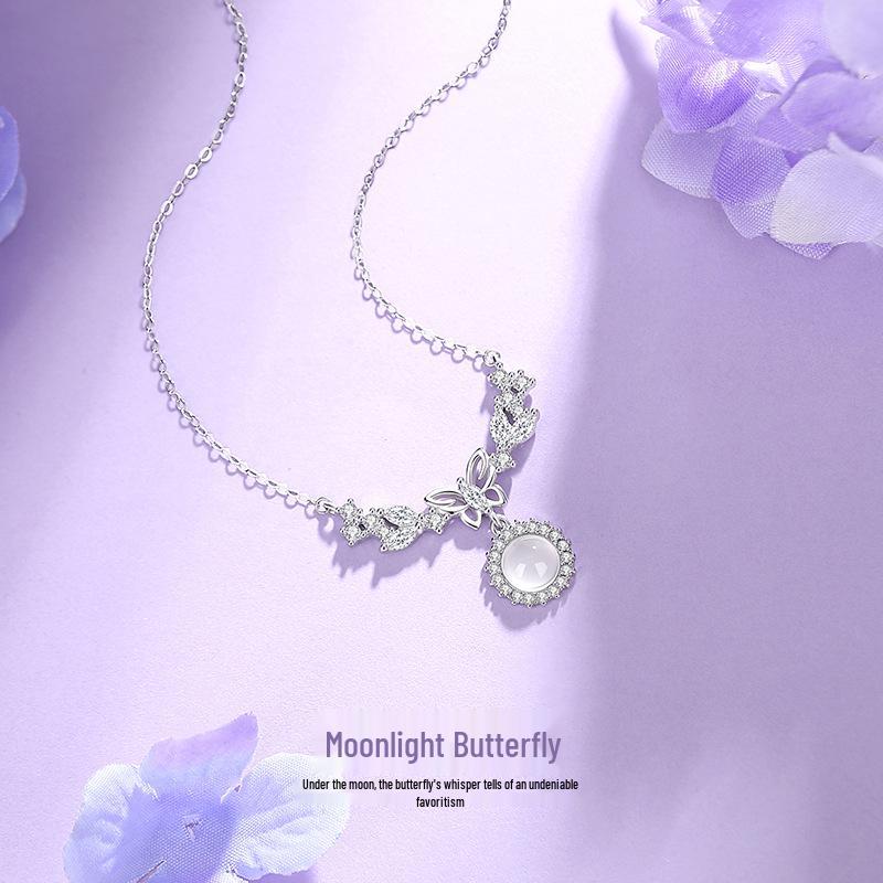S925 Sterling Silver Moonlight Butterfly Chalcedony Necklace - Elegant Chinese Style Clavicle Chain