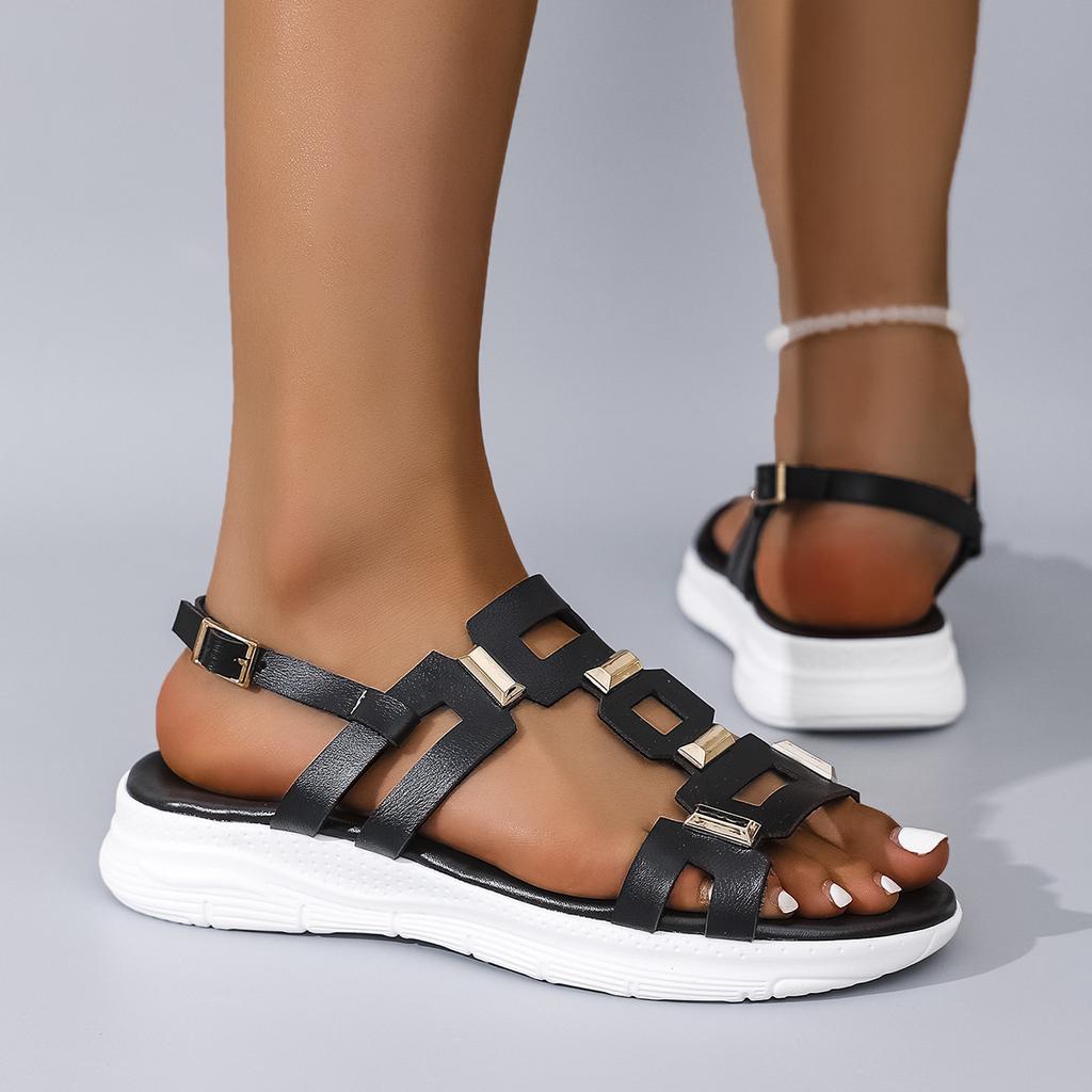 Mode Sommer Neu Rundköpfige Leder Damen Sandalen Keilabsatz Lässige Strandschuhe Bequemes Schuhwerk mit Metalldekoration für Damen