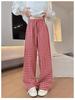 Red Checkered High Waist Wide Leg Pants for Women - Lazy Style, Linen, Perfect for Spring and Autumn