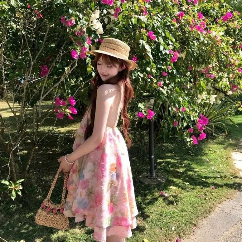 Pink Floral Print Backless Halter Neck Mini Dress Women 2025 Vacation Style Loose Fit Sleeveless Party Small пастель красный
