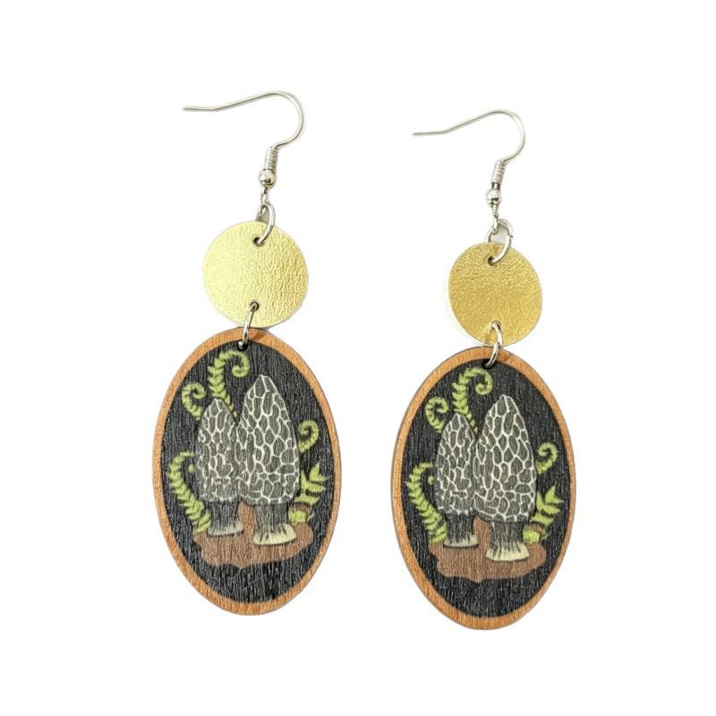 Retro Forest Mushroom Print Metal & Leather Wood Earrings