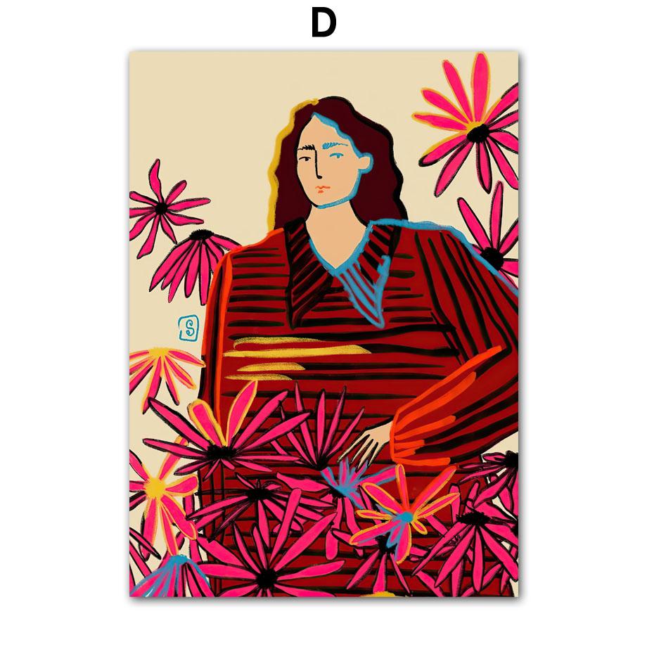 Kolorowa Dziewczyna Kwiat Tygrysi Liść Ilustracja Sztuka Ścienna Obraz na Płótnie Abstrakcyjne Plakaty i Druki Obrazy Dekoracja Pokoju Hotelowego Baru