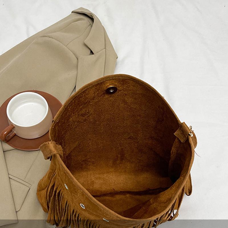 Yogodlns Boho Style Tassel Crossbody Bag Soft Frosted Tassel Straddle Bag Women Vintage Suede Shoulder Bag Casual Messenger Bag