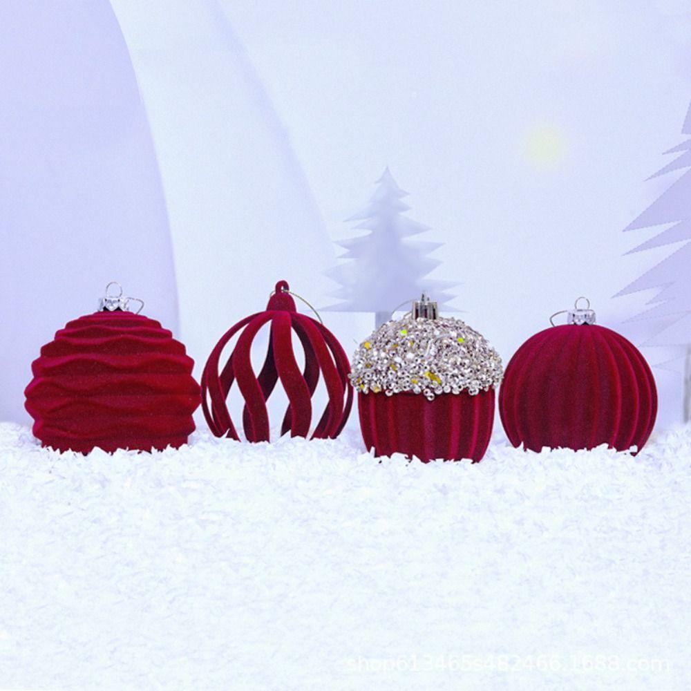 4pcs Delicate Christmas Tree Pendant Flocked Xmas Hanging Ornament Velvet Christmas Ball  Holiday