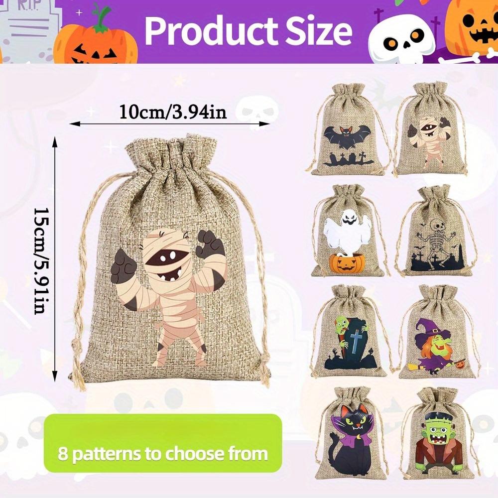 16pcs Halloween Party Drawstring Bags Packs Halloween Linen Burlap Bags with Drawstring 8 Spooky Designs for DIY Party Favors Small Gift Pouches