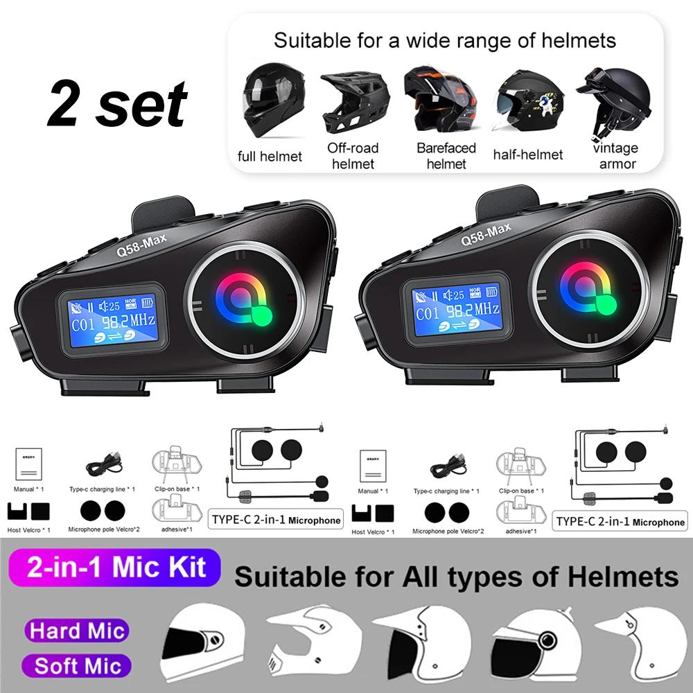 Bluetooth Motorcycle Intercom Helmet Headsets Wireless Communication Interphone BT 5.3 FM LED Screen Music Share For 2 Rider
