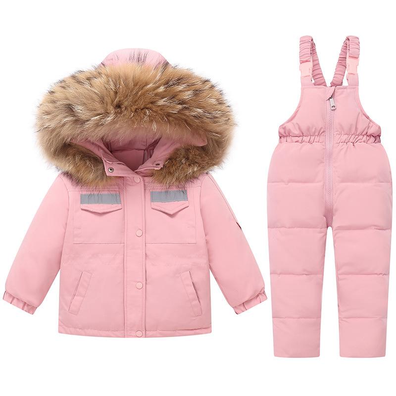 

Winter Down Coat Set for Kids – 90% Duck Down Hooded Jacket and Bib Pants, Reflective, Waterproof, 1–6Y 90 рожевий