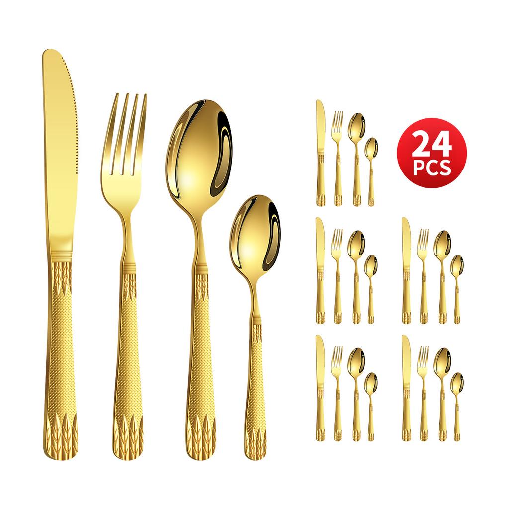 Stainless Steel Embossed Handle Western Food Hotel Tableware Knife, Fork and Spoon Dessert Spoon 24 Pieces Suit
