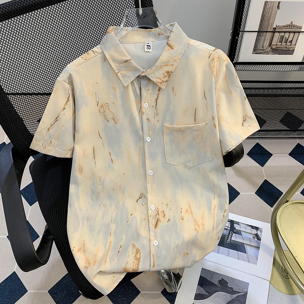 Ink Tie-Dye Cardigan Short Sleeve Shirt for Men, Thin Summer Ice Silk Quick-Dry Half Sleeve Turn-Down Collar Shirt Jacket