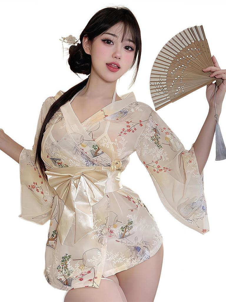SENMHS Sexy Yukata Cosplay Kimono Japanese Style Lingerie Set and One Size Fits Most Cosplay Costume Babydoll Cute Japanese Style 4-Piece [Beige]