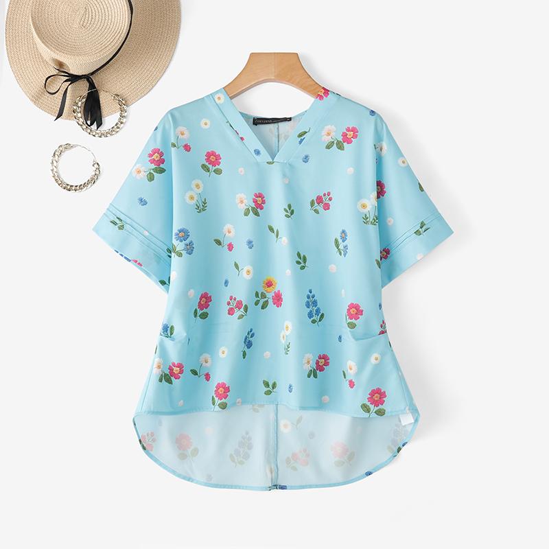 ZANZEA Women Summer V-Neck Casual Short Sleeve Irregular Floral Print Blouse