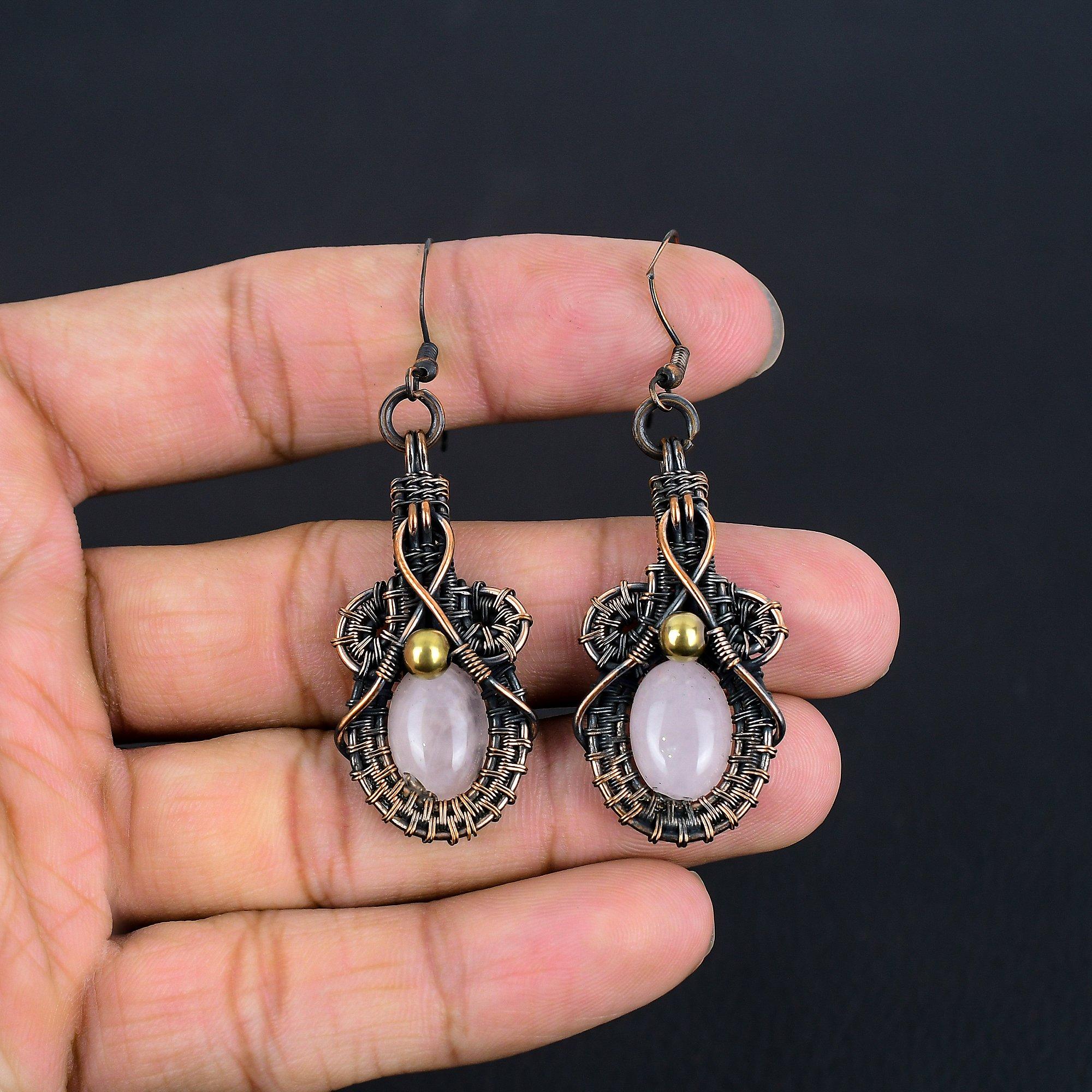 

Серьги из розового кварца, обернутые медной проволокой 999 пробы, Ювелирные изделия из драгоценных камней ручной работы, Подарки для жены Совершенно новые серьги