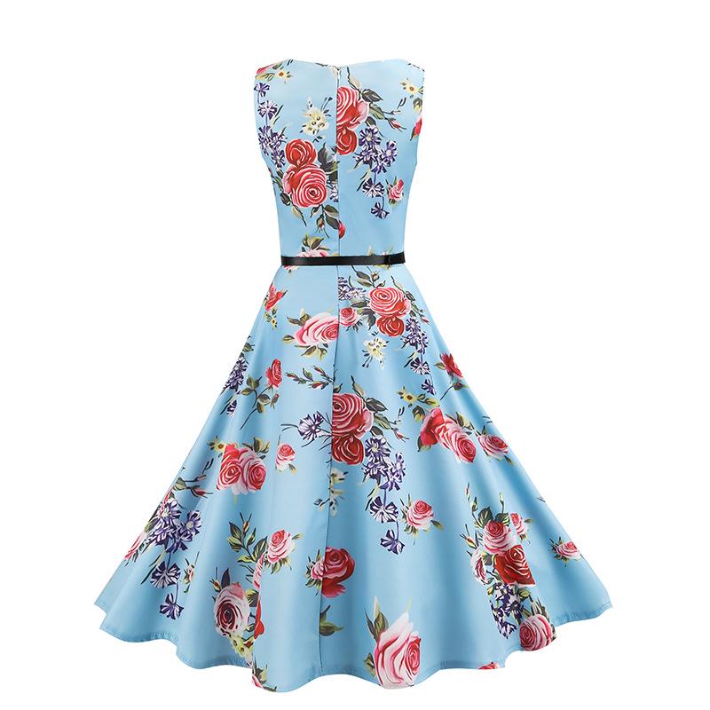 50s Summer Retro Hepburn Style Printed Waist-Cinched Full Skirt Dress with Belt 2XL