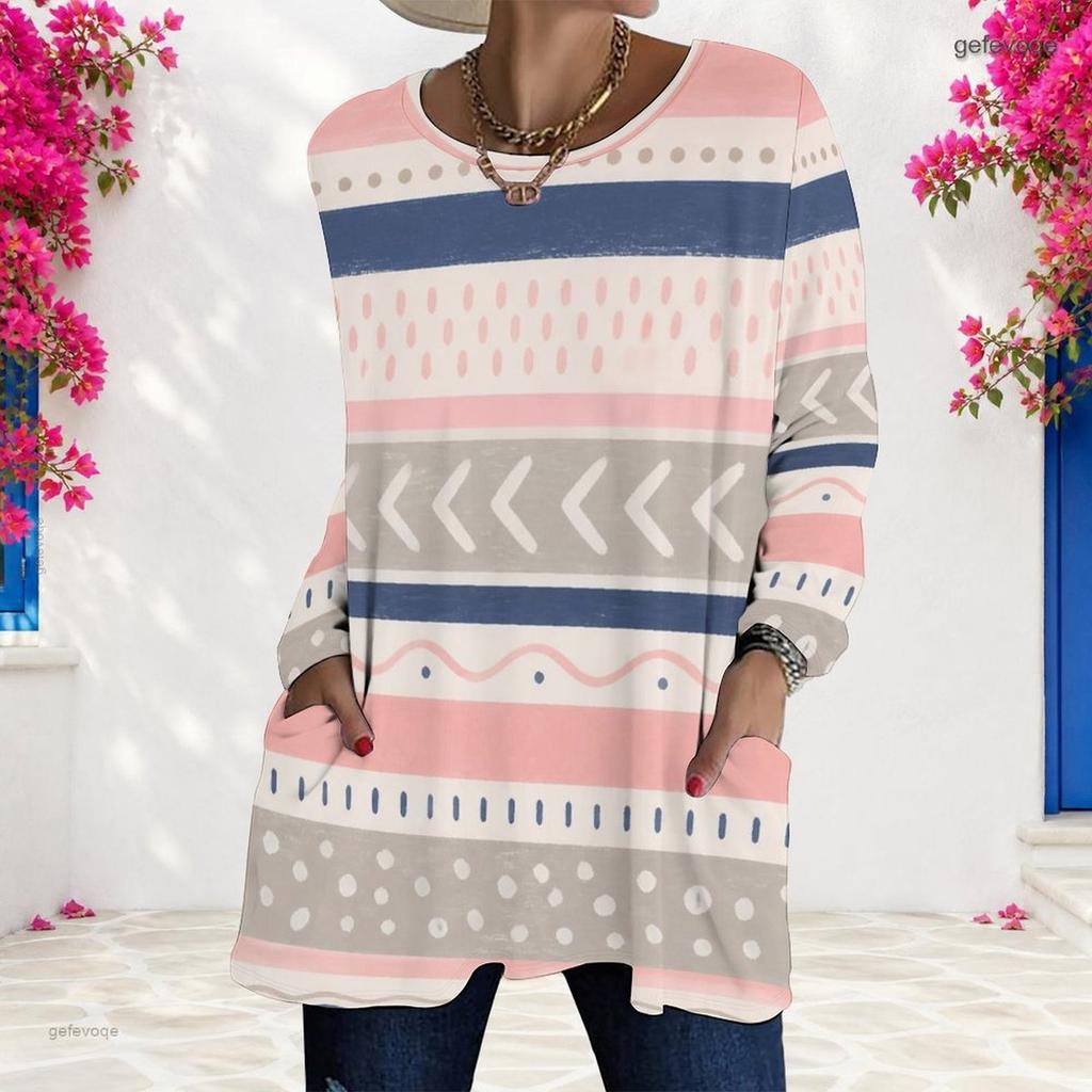 Women Plus Size Long Sleeve T Shirt Round Neck Colorful Printed Loose Longline Top With Pockets